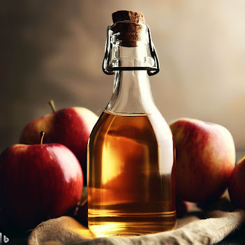 Glass of apple cider vinegar with apples on wooden table