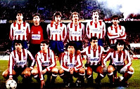 ATLÉTICO DE MADRID - Madrid, España - Temporada 1987-88 - Sergio Elías, Abel, Julio Salinas, Alemao, Arteche, Marcos; Tomás, Parra, Eusebio, Quique Ramos y Futre - ATLÉTICO DE MADRID 0, F. C. BARCELONA 2 (Lineker) - 27/02/1988 - Liga de 1ª División, jornada 25 - Madrid, estadio Vicente Calderón