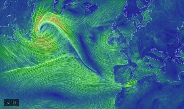 Les vents sur l'Europe de l'Ouest vu par earth.nullschool.net