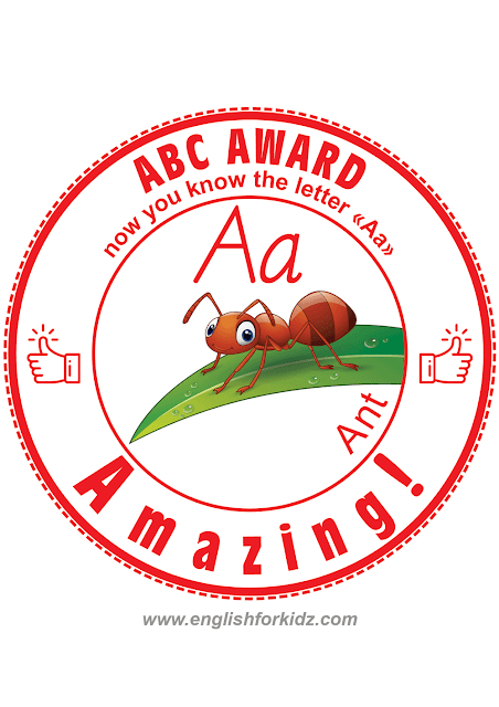 Printable award for alphabet learning -- letter A is for ant