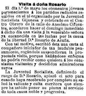 Noticia del proyecto de la Juventud Socialista Gijonesa de realizar una visita a doña Rosario (El Noroeste, 17-5-1914)