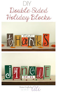 DIY Wood blocks painted with vinyl letters to say Give Thanks and Jingle Bells