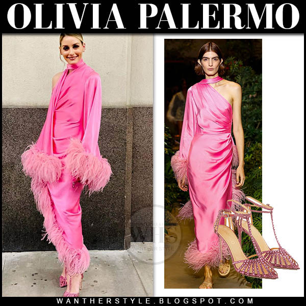 Olivia Palermo in hot pink feather trimmed dress and pink sandals