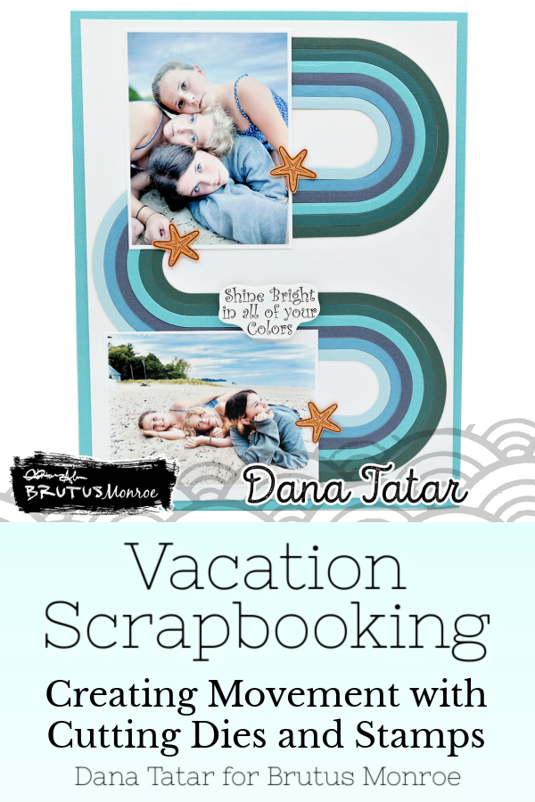 Documenting beach photos on a cool color wave scrapbook layout created with a rainbow cutting die and beach themed stamp sets from Brutus Monroe.