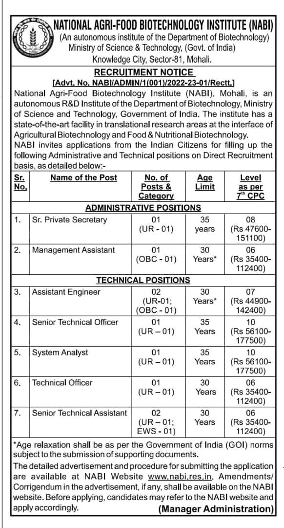 NATIONAL AGRI-FOOD BIOTECHNOLOGY INSTITUTE (NABI) - RECRUITMENT NOTICE 