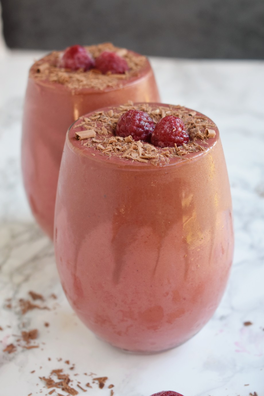 glass of chocolate raspberry smoothie