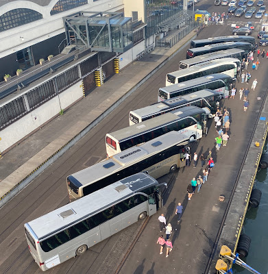 cruise ship excursion busses lined up on dock in Gdynia, Poland