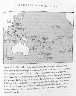 Page 341. Figure 17.2. The paths of the Austronesian expansion, with approximate dates when each region was reached. 4a = Borneo, 4b = Celebes, 4c = Timor (around 2500 B.C.). 5a = Halmahera (around 1600 B.C.). 5b = Java, 5c = Sumatra (around 2000 B.C.). 6a = Bismarck Archipelago (around 1600 B.C.). 6b = Malay Peninsula, 6c - Vietnam (around 1000 B.C.). 7 = Solomon Archipelago (around 1600 B.C.). 8 = Santa Cruz, 9c = Tonga, 9d = New Caledonia (around 1200 B.C.). 10b = Society Islands, 10c = Cook Islands, 11a = Tuamotu Archipelago (around A.D. 1). 