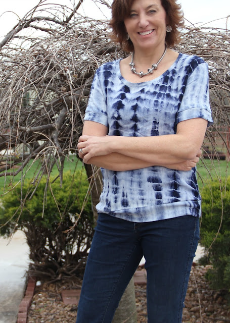 Style Maker Fabrics' Crinkle Rayon Challis Shibori dyed fabric made into a Sewaholic Renfrew top