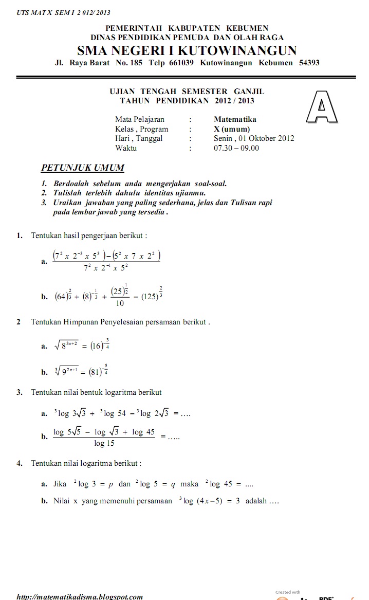 MATEMATIKA DI SMA: SOAL DAN PEMBAHASAN MATEMATIKA SMA KELAS X BAB I PANGKAT AKAR DAN LOG