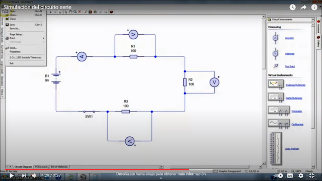 imagen que muestra diagrama esquemático de circuito serie con tres  resistores de 100 ohmios