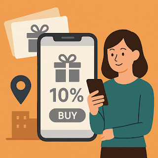 모바일 온누리상품권을 구매하는 여성을 묘사한 디지털 일러스트. 10% 할인 쿠폰이 스마트폰 화면에 표시되어 있으며, 배경에는 선물 상자 아이콘과 위치 마커가 함께 구성되어 있다.