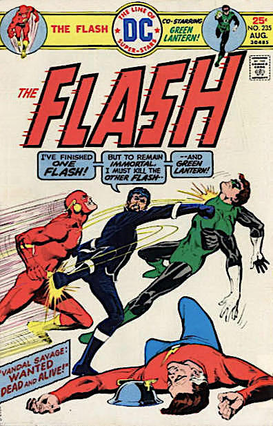 Vandal Savage kicking Earth-One Flash and punching Earth-One Green Lantern as Earth-Two Flash lies beaten on the ground