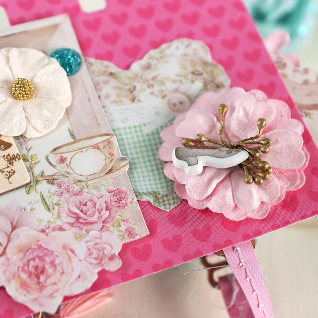 Heidi Swapp Memorydex Valentine's advent calendar made with the Prima With Love collection by Frank Garcia and Bella Blvd Bella Besties ombre and hearts cardstock; miniature or mini purse die cut decorated with brads, ephemera, puffy stickers, paper flowers, tassel and charms