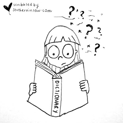 Girl confused at dictionary cartoon