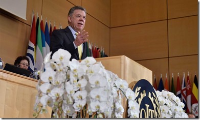 El Presidente Juan Manuel Santos hizo este viernes un recuento de las políticas aplicadas en Colombia apra reducir la pobreza, en la asamblea anual de la Organización Internacional del Trabajo (OIT), en Ginebra.