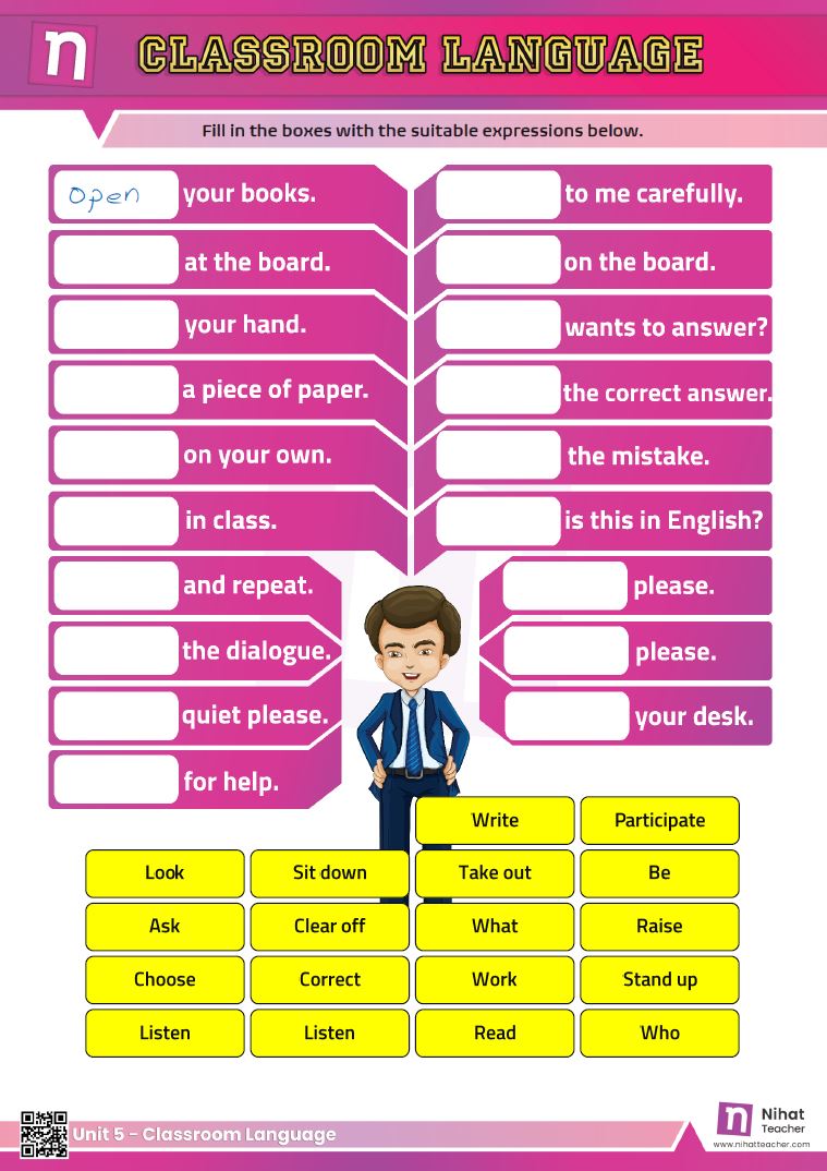 Practise English Vocabulary.  An elegant worksheet about classroom language in English.    #download# Click here to download a worksheet about classroom language in English in printable PDF format.    Search this site to find more about classroom language in English.