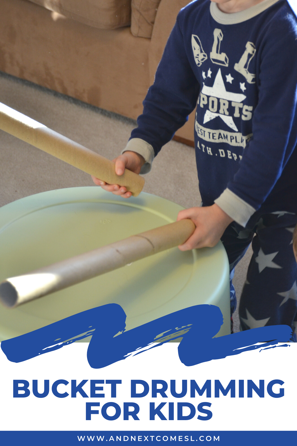 Bucket drumming for kids using DIY bucket drums and large cardboard tubes