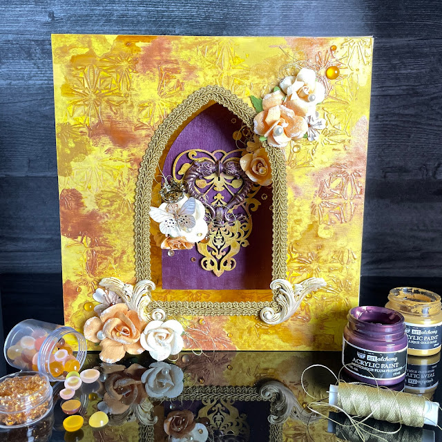 Golden Shrine made with Prima flowers, chipboard, melange, paint, memory hardware; Reneabouquets butterfly; Tim Holtz tiny lights and Pinkfresh crystals