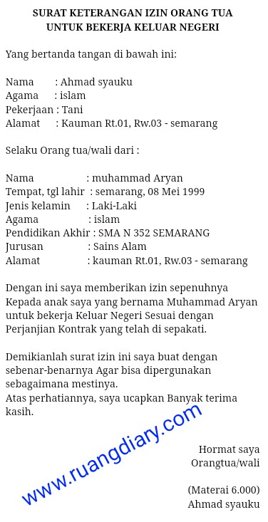 Contoh Surat izin Orang Tua Untuk Melamar Kerja Di Luar 