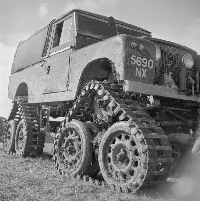 Track conversion close-up. 4 independent tracks, the front two being steered through the normal steering system. The cost of the kit is £650.