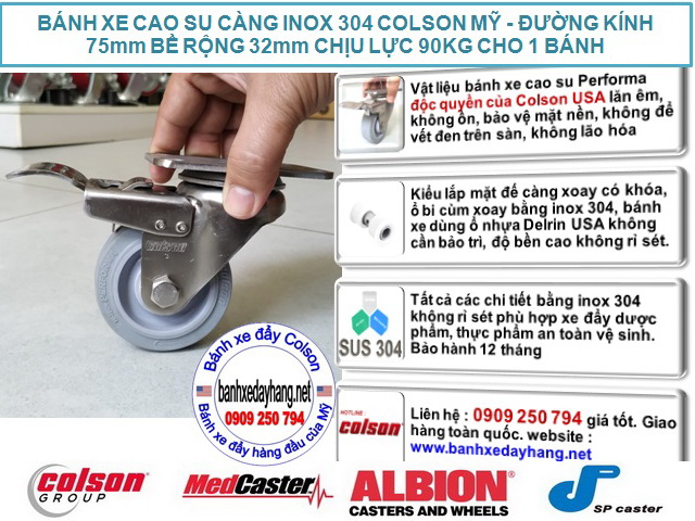 Bánh xe cao su có khóa càng inox 304 Colson 3inch | 2-3356SS-444-BRK4 www.banhxedaycolson.com