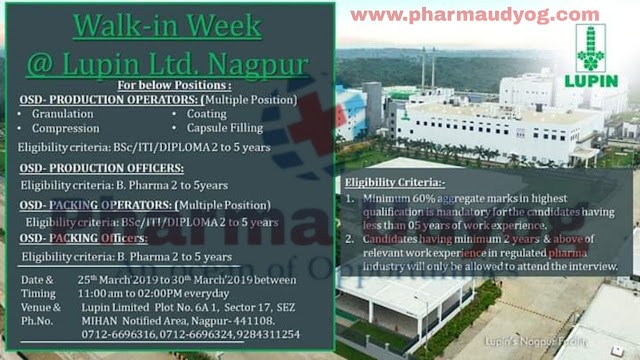 Lupin |  Walk-in for Production & Packing | 25-30 March 2019 | Nagpur