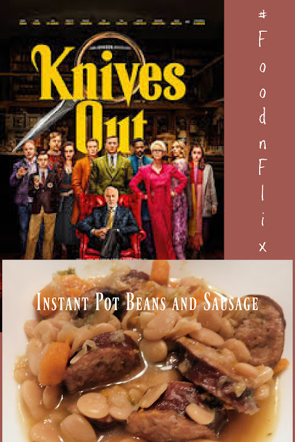 Knives out movie cover with beans and sausage pin