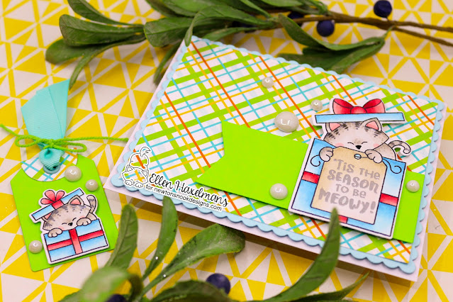 Meowy Christmas Card & Tag by Ellen Haxelmans | Newton's Gift Stamp Set, Purr-fect Present Stamp Set, Tag Die Sets and Patterned Paper by Newton's Nook Designs #newtonsnook #handmade