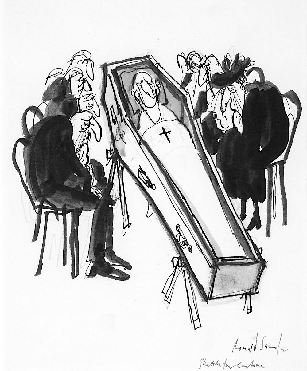 a Ronald Searle cartoon drawing of a funeral