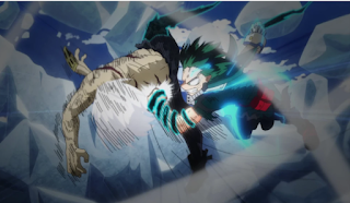 Izuku punching Tomura Shigaraki in the side, his fist wrapped around in black whip energy to protect it. And Icewall has formed around them.