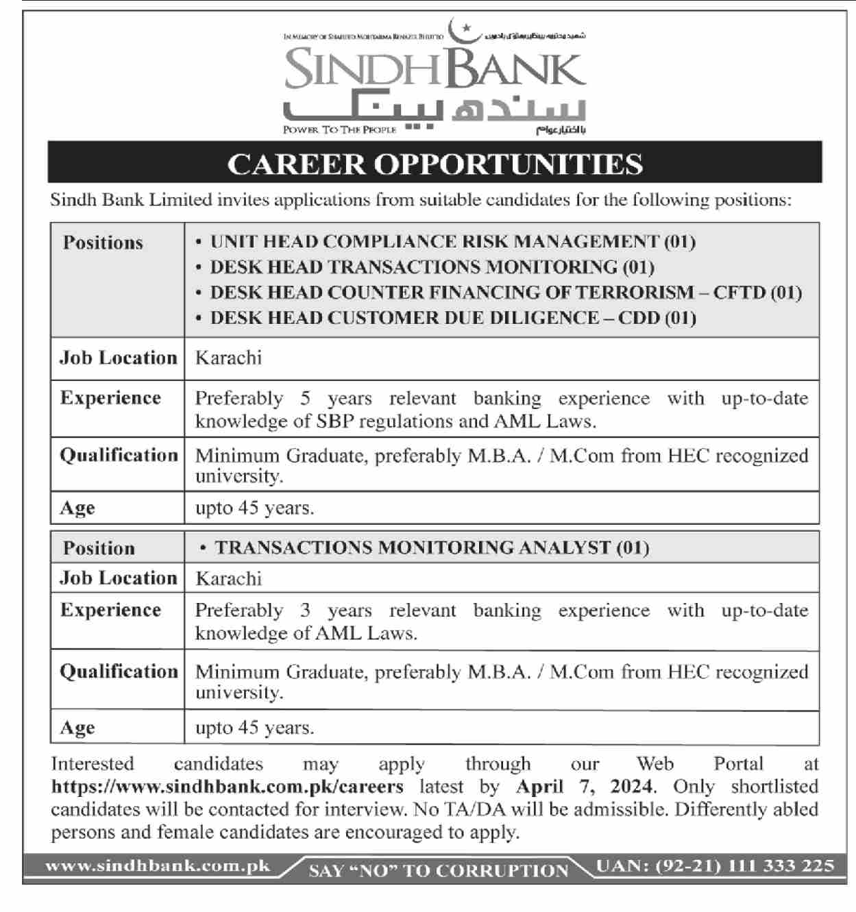 Sindh Bank Limited Karachi Jobs