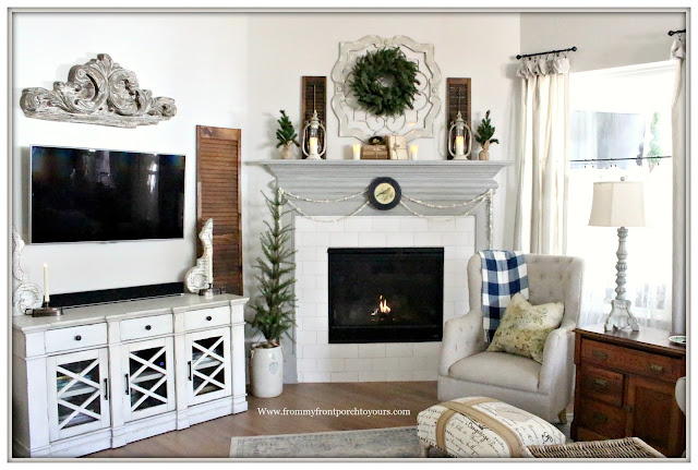 Winter Mantel-French Country-Farmhouse-Living Room-Buffalo Check-Vintage Style-Cottage Style-From My Front Porch To Yours