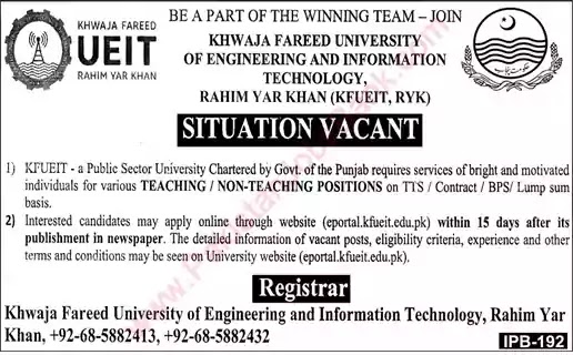 Latest Jobs in Pakistan Khawaja Fareed University Rahim Yar Khan Jobs 2021