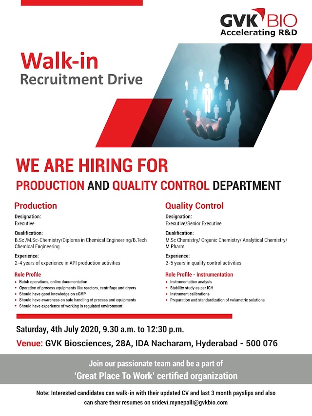 GVK bio | Walk-in for Production & QC at Hyderabad on 4 July 2020