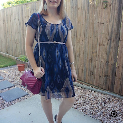 awayfromblue Instagram | Jeanswest ikat print navy dress with rebecca minkoff magenta edie crossbody bag