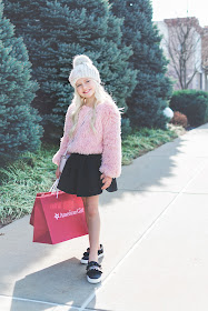fur sweater girl outfit idea beanie skirt sneakers glitter ruffle kate spade winter christmas outfit