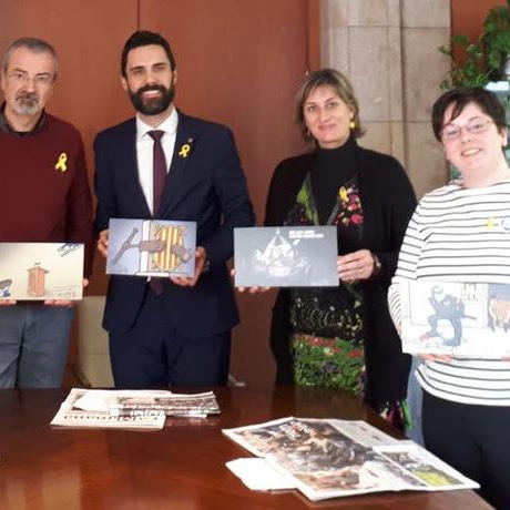 Els presidents Roger Torrent i Carme Forcadell, amb vinyetes d’Ermengol