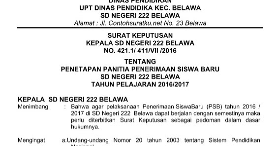 Contoh Surat Keputusan ( SK ) Penerimaan Siswa Baru File 