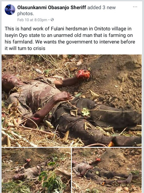  Graphic Photos: Elderly farmer hacked to death by suspected herdsmen in Oyo State