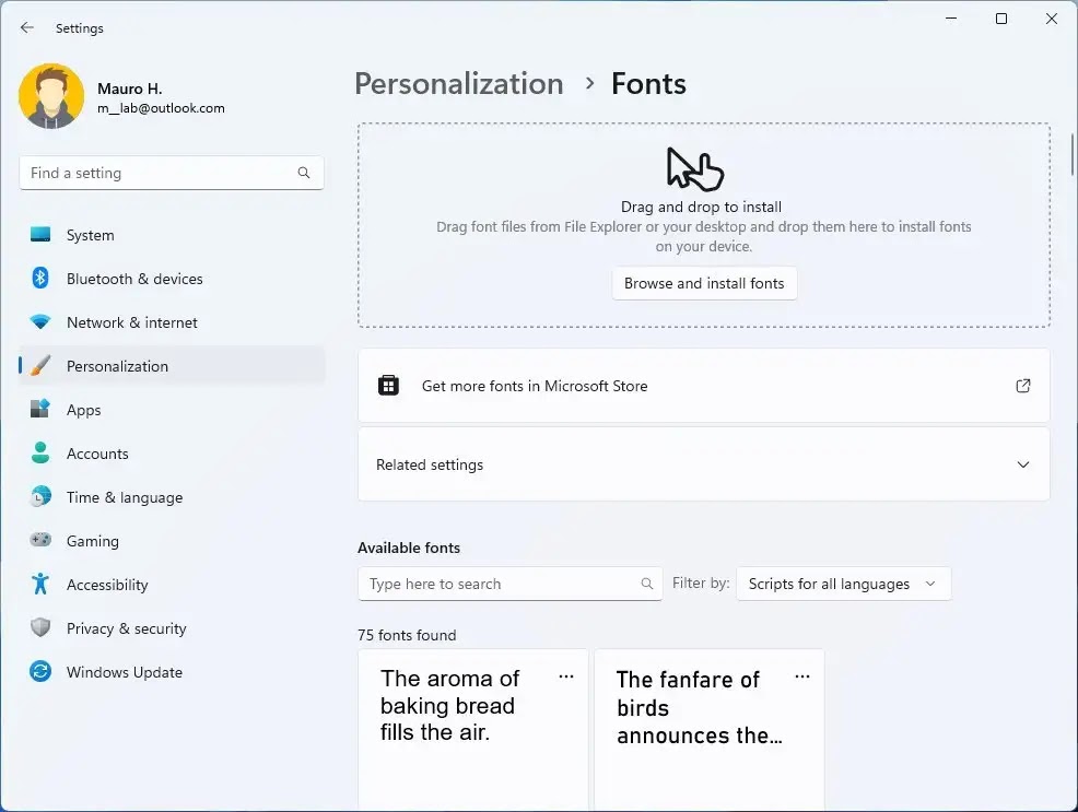 fonts settings windows 22h2