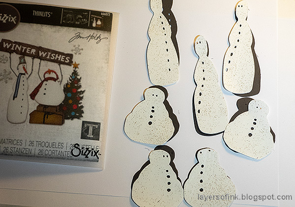 Layers of ink - Snowmen Meeting Tag Tutorial by Anna-Karin Evaldsson. Die cut Tim Holtz Twig and stump.