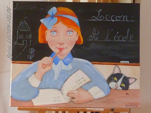 A l'école avec le chat, peinture acrylique de Sylvie Lucien-Velde