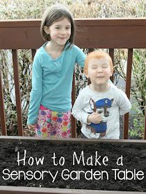 Directions on how to make a sensory salad garden table for kids! These make fantastic pretend play all summer long. Fairy garden, dinosaur garden, train table, the possibilities are endless!