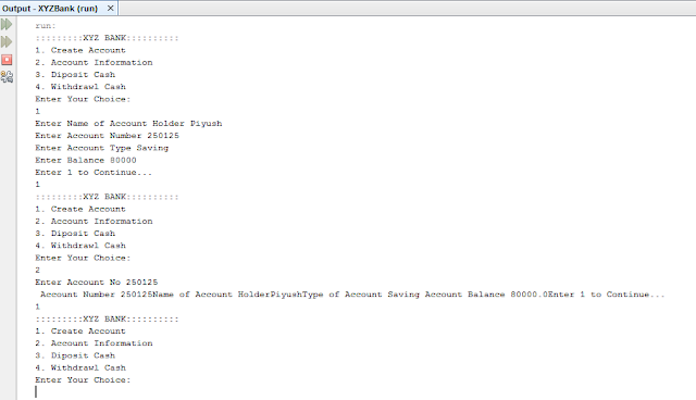 Java Program Output of Bank Management System