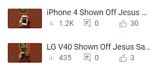 Video showing the LG V40 and the iPhone 4. The text shows the phones name and the text "Jesus Saves"