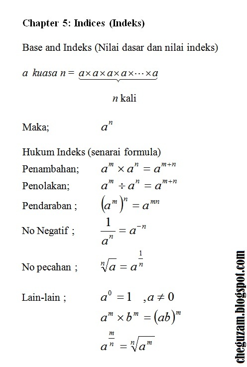 Nota Matematik Tingkatan 3  Bab 5 : Indices (Indeks 