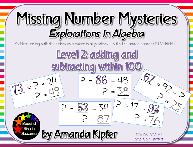 Watch your students enjoy solving for the unknown number in these Missing Number Mysteries! Low prep centers, scoot, or assessment pages help children practice their addition and subtraction facts with two-digit numbers as they work on  and 2.NBT.B.5. Great for second and third graders working on building number sense!  #secondgrade #solvefortheunknown #math #balancedequations #basicfacts #commoncore