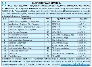 KLJ Petroplast Limited, Bharuch, Gujarat Recruitment for ITI, Diploma & BE/B.Tech Holders for Technician, Supervisor & Engineer Post