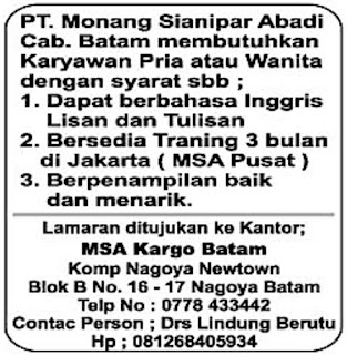 Lowongan Kerja PT. Monang Sianipar Abadi Cab. Batam